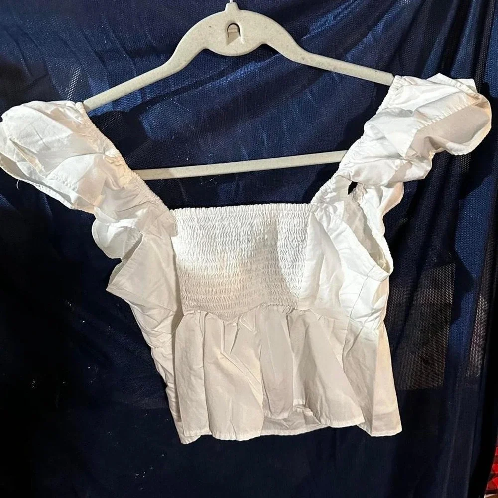 Abercrombie & Fitch White Smocked Puff Sleeve Peplum Top Sweetheart Neck S